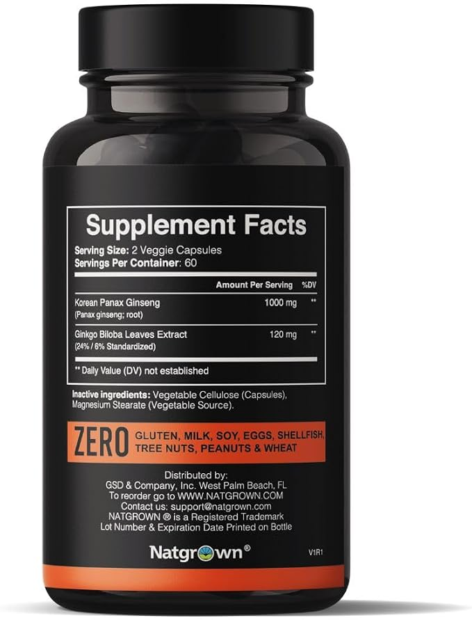 Natgrown Panax Ginseng & Ginkgo Biloba Supplement - 120 Vegan caps