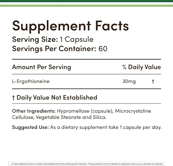 Double Wood Supplements L-Ergothioneine 30mg Egt, Antioxidant + Healthy-Aging Support, 60 Capsules