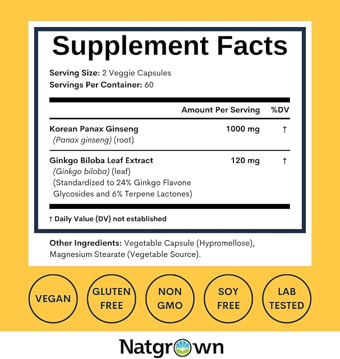 Natgrown Panax Ginseng & Ginkgo Biloba Supplement - 120 Vegan caps