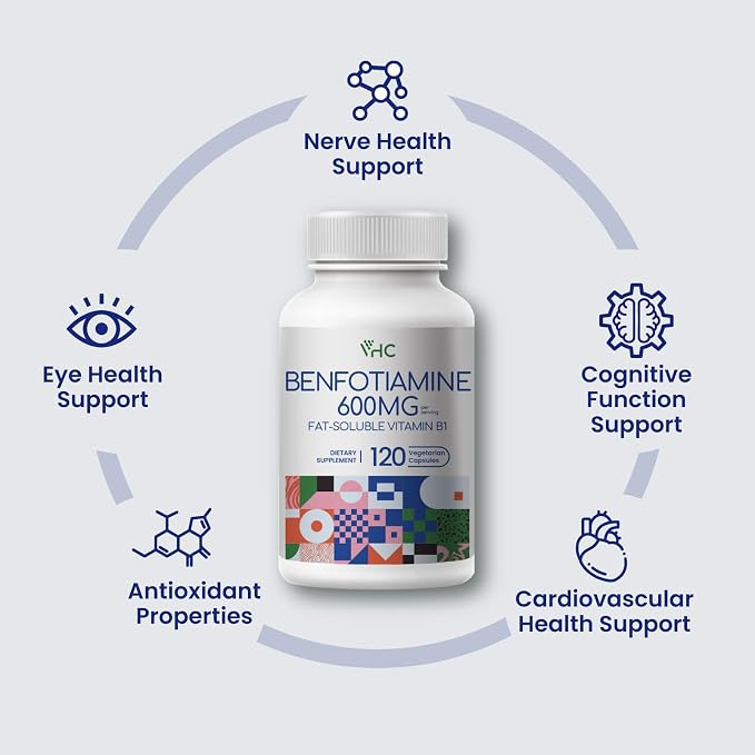 VHC Vitamin B1 Benfotiamine 600mg Supplement 120 Veggie Capsules
