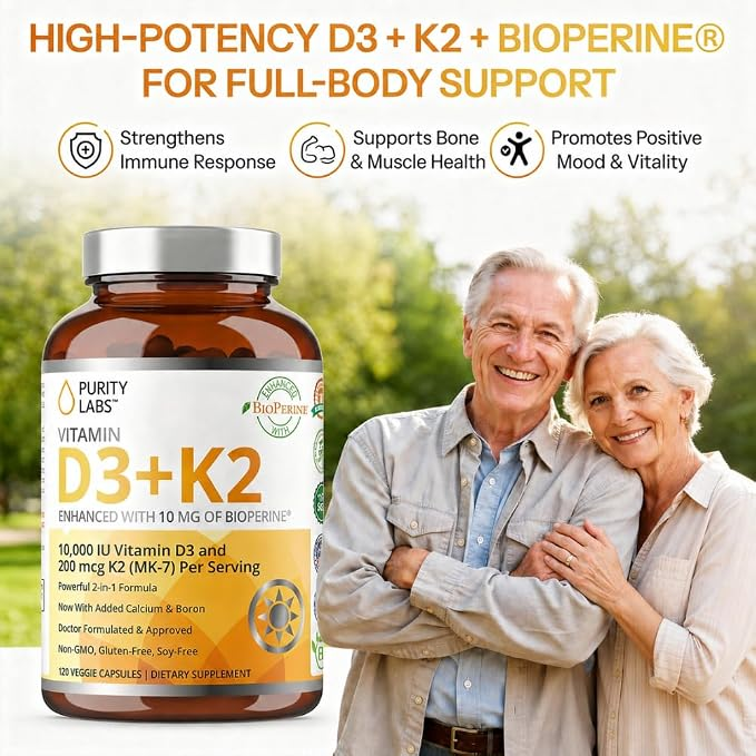 Purity Labs Vitamin D3 K2 10000 Iu, (250mcg) D3 + 200mcg K2 Mk7 120 Caps