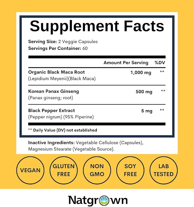 Natgrown Black Maca Root & Panax Ginseng 1500 mg 120 Capsules