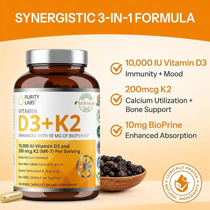Purity Labs Vitamin D3 K2 10000 Iu, (250mcg) D3 + 200mcg K2 Mk7 120 Caps