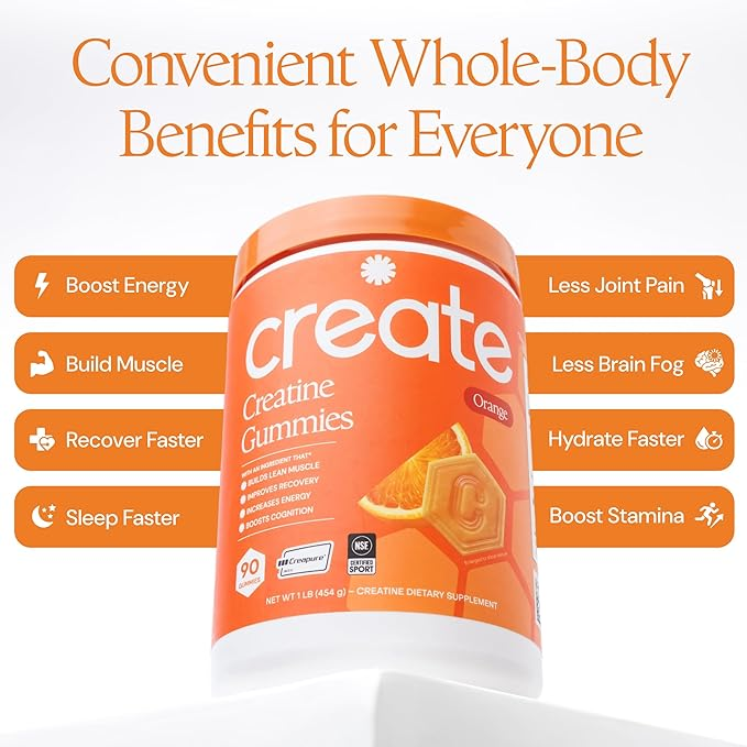 Create Creatine Orange Or Men & Women, Boost Focus, Strength, and Endurance, Anti-Melting Formula 90 Gummies