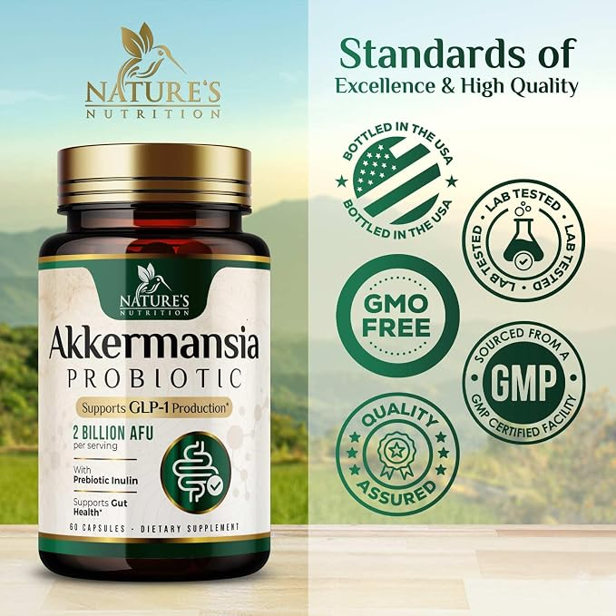 Nature's Nutrition Akkermansia Gut Health Supplement - Premium Akkermansia Probiotic with Prebiotic Fiber  60 Capsules