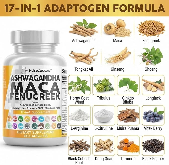 Clean Nutraceuticals Ashwagandha Maca Root Fenugreek with Tongkat Ali Ginseng 60 Capsules