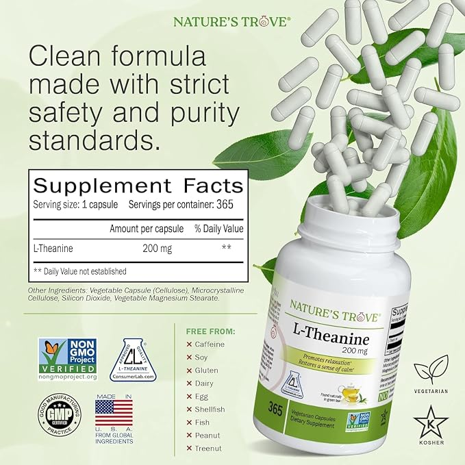 Nature's Trove L-Theanine 200mg  365 Vegetarian Capsules
