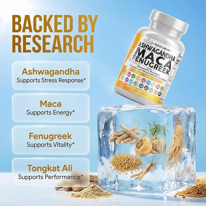 Clean Nutraceuticals Ashwagandha Maca Root Fenugreek with Tongkat Ali Ginseng 60 Capsules