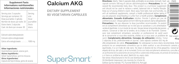 Super Smart Calcium Akg (highly Bioavailable) - Calcium Alpha-Ketoglutarate Ca-Akg - Cellular Energy | Gluten Free & Vegan 60 Vegetarian Capsules