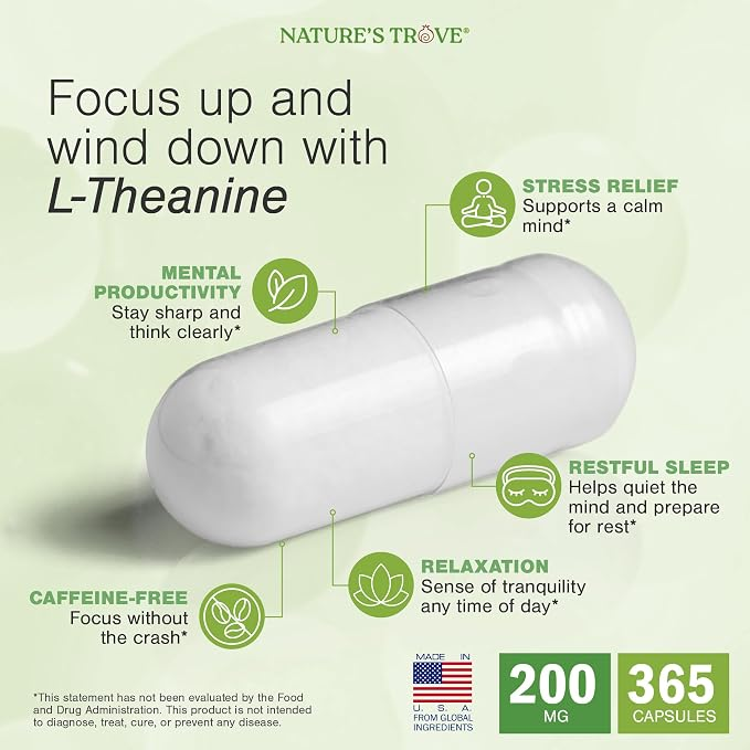 Nature's Trove L-Theanine 200mg  365 Vegetarian Capsules