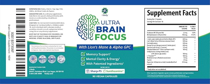 1 Body Brain Support - Bacopa Monnieri, Lion’s Mane for Memory & Focus 90 Caps