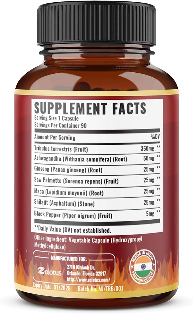 Zolotus Tribulus Terrestris with Ashwagndha, Panax Ginseng, Saw Palmetto, Maca, Shilajit - 90 Capsules