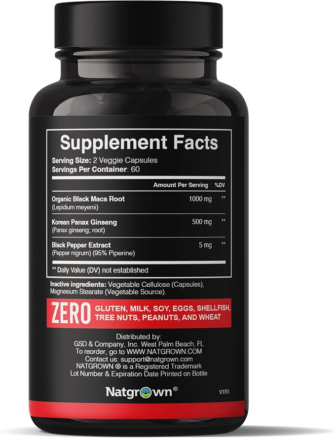 Natgrown Black Maca Root & Panax Ginseng 1500 mg 120 Capsules