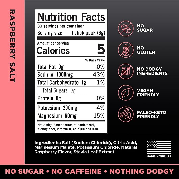 LMNT Zero Sugar Electrolytes - Raspberry Salt Drink Mix 30 Stick Packs