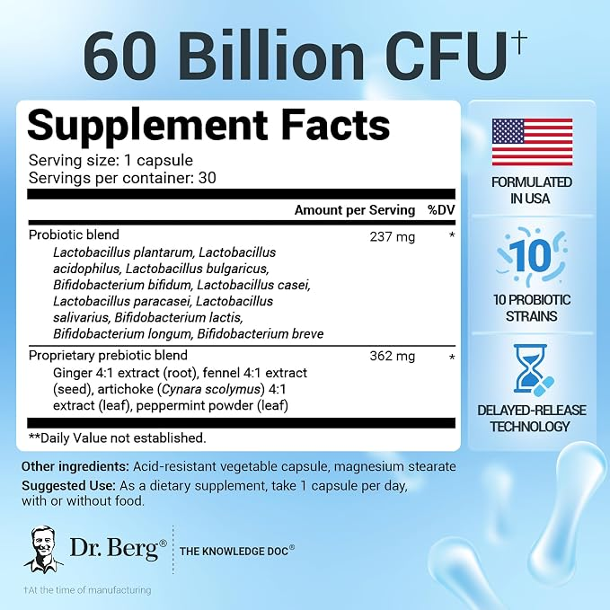 Dr. Berg Probiotic Supplement (60 Billion CfUs) 30 Probiotic Capsules