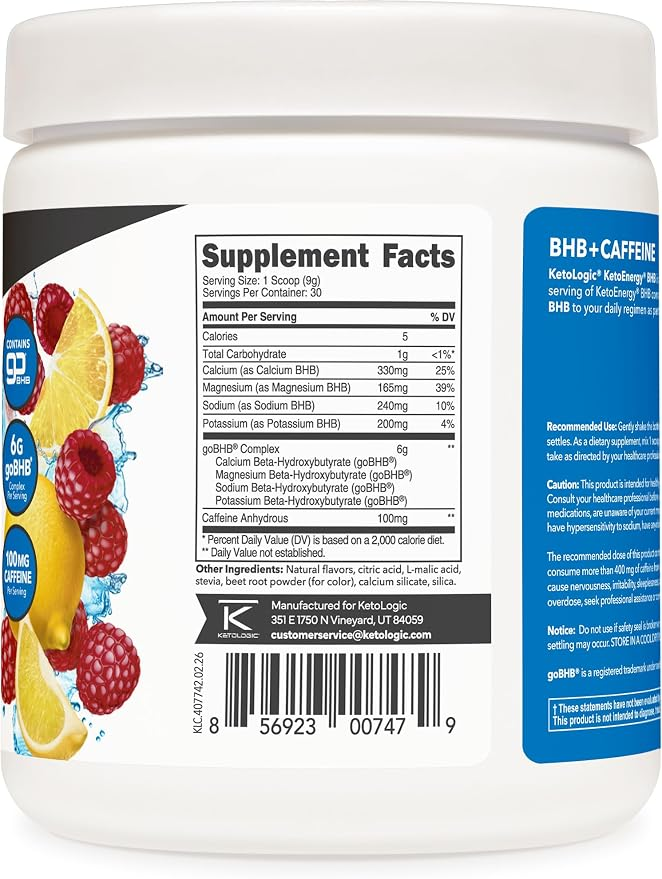 KetoLogic KetoEnergy BHB with Caffeine Powder (Raspberry Lemonade) 270g