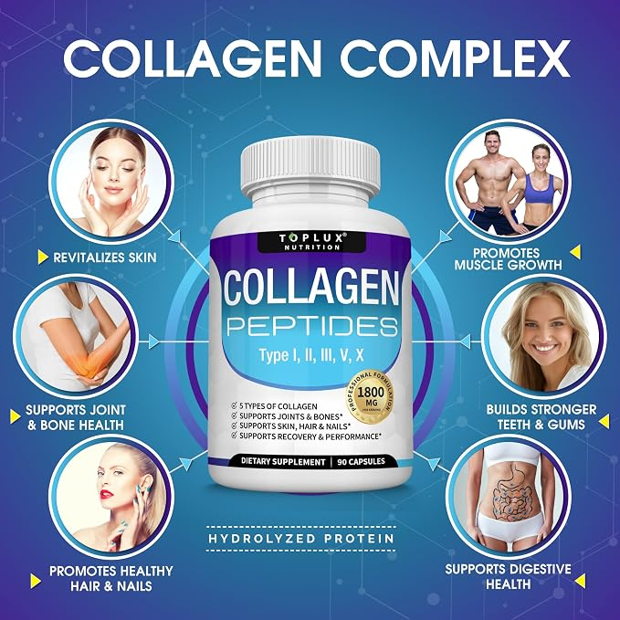 Toplux Multi Collagen Peptides Pills 1800 Mg Complex - Type I, II, III, V, X 90 caps