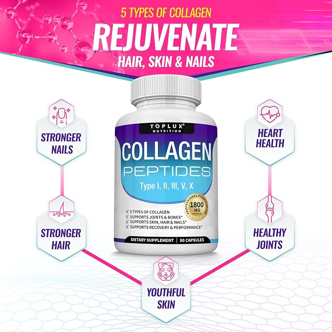 Toplux Multi Collagen Peptides Pills 1800 Mg Complex - Type I, II, III, V, X 90 caps
