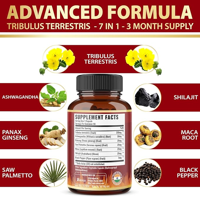 Zolotus Tribulus Terrestris with Ashwagndha, Panax Ginseng, Saw Palmetto, Maca, Shilajit - 90 Capsules