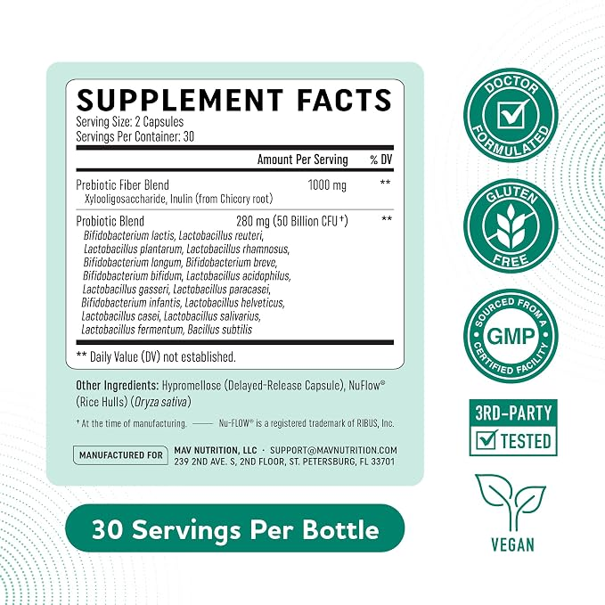 Mav Nutrition  Prebiotics and Probiotics, 50 Billion Cfu, 16 Probiotic Strains & Inulin 60 Capsules