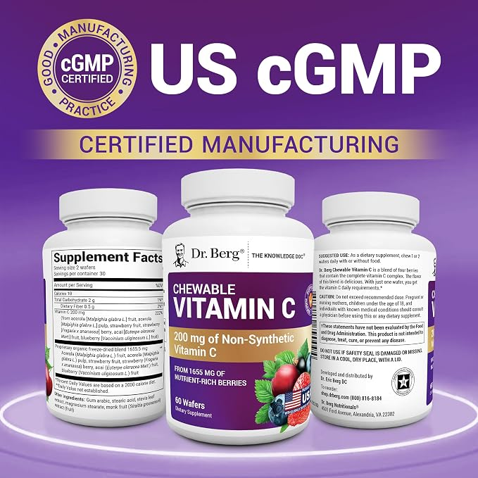 Dr. Berg Chewable Vitamin C Complex 200 mg of Non-Synthetic Vitamin C 60 Delicious Wafers