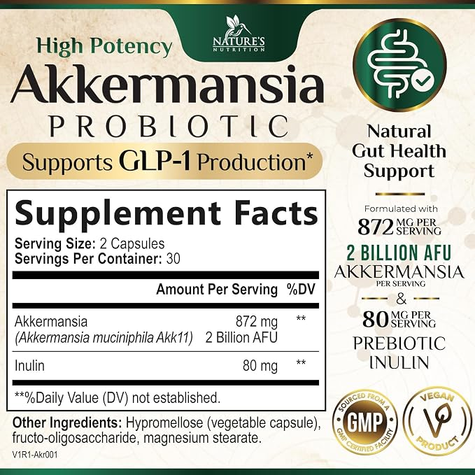 Nature's Nutrition Akkermansia Gut Health Supplement - Premium Akkermansia Probiotic with Prebiotic Fiber  60 Capsules