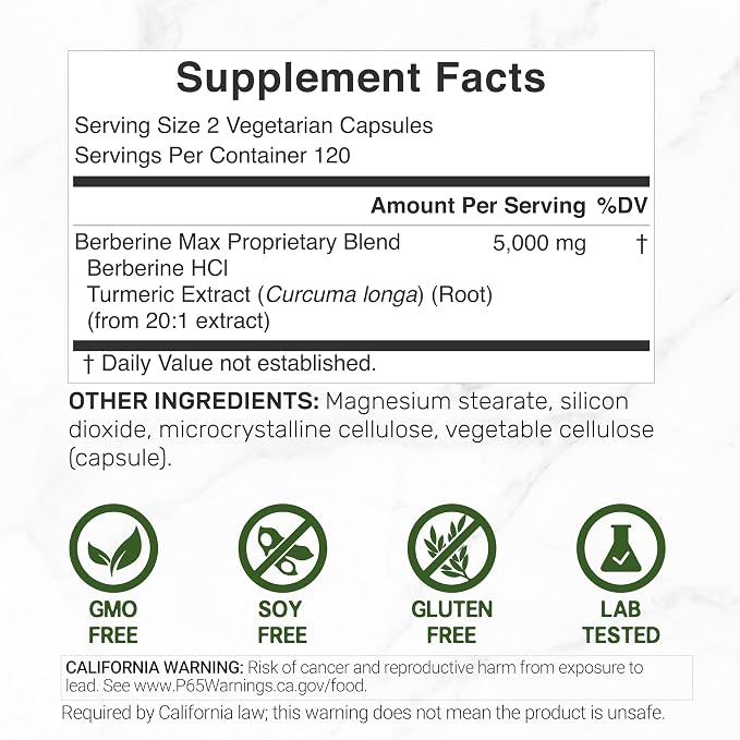 Deal Supplement Berberine Max with Turmeric, 5000 Mg per Serving, 240 Vegetarian Capsules