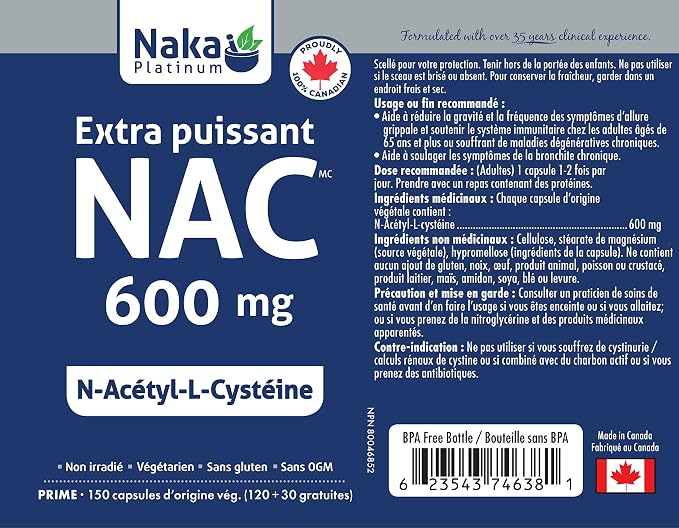 Naka Platinum NAC (N-Acetyl-L-cysteine) Extra Strength, 600 mg per 60 Capsules