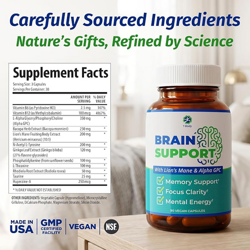 1 Body Brain Support - Bacopa Monnieri, Lion’s Mane for Memory & Focus 90 Caps