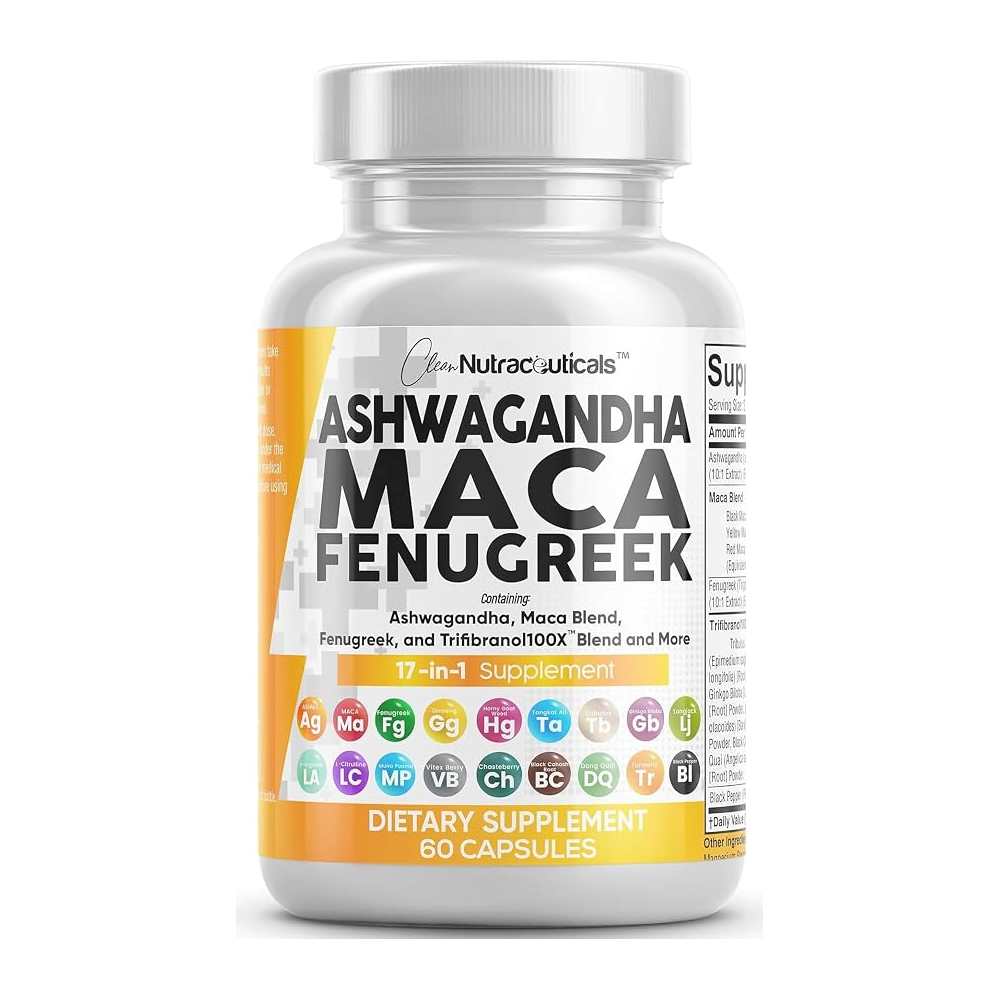 Clean Nutraceuticals Ashwagandha Maca Root Fenugreek with Tongkat Ali Ginseng 60 Capsules