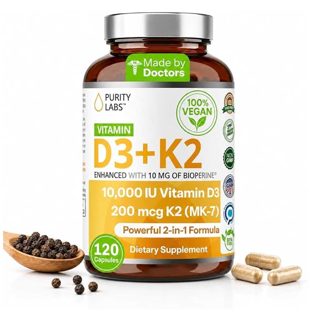 Purity Labs Vitamin D3 K2 10000 Iu, (250mcg) D3 + 200mcg K2 Mk7 120 Caps