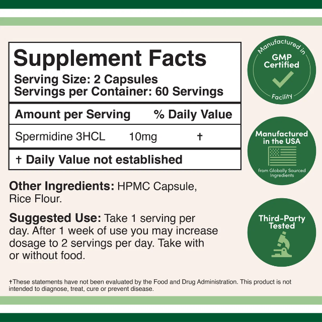Double Wood Supplements Spermidine 3 H Cl 10 Mg Formula Supports Healthy Aging 120 Capsules